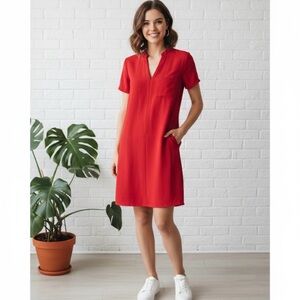 LUSH Hailey Crepe Shift Dress Red Minimalist Short Sleeve Pocket Frocket  M EUC